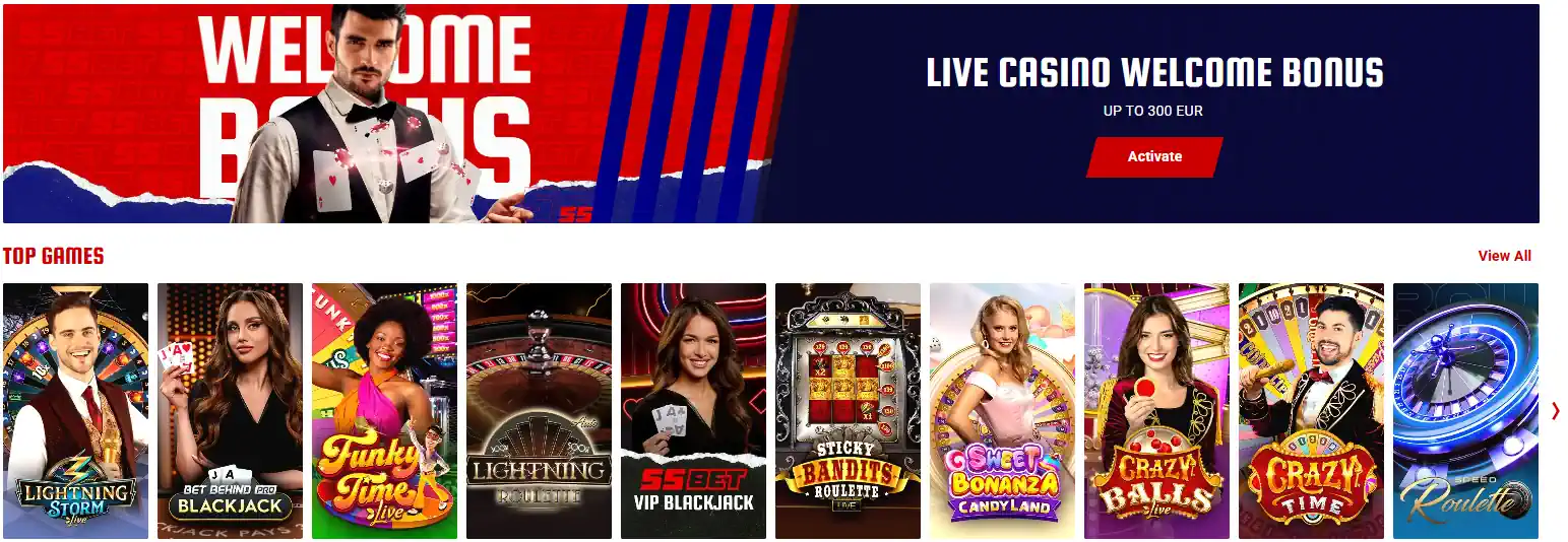 55Bet live casino vÀlkomstkampanj och dealer-spel.